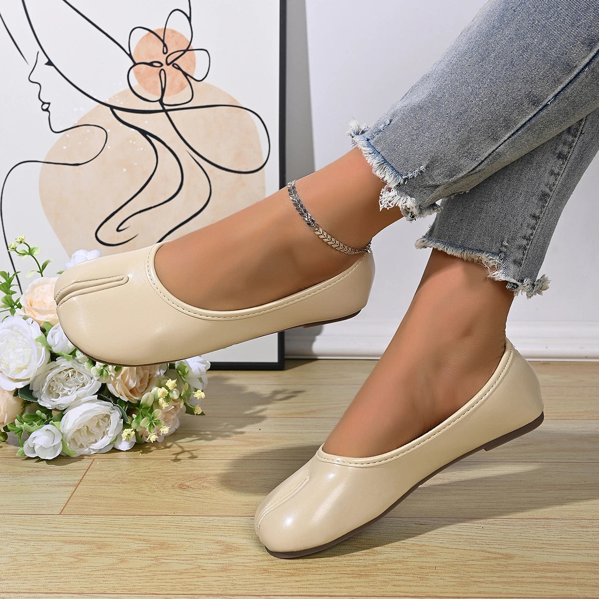 Chaussures Tabi en cuir PU tendance pour femmes, fabriquées à la main, chaussures plates de haute qualité, design de luxe, mules à bout fendu.