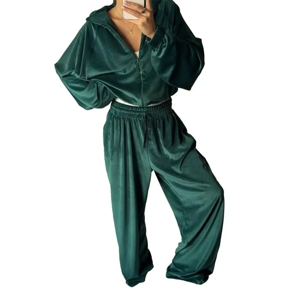 Ensemble de survêtement en velours pour femme, deux pièces, veste courte zippée et pantalon long, tenue décontractée pour femme ﻿