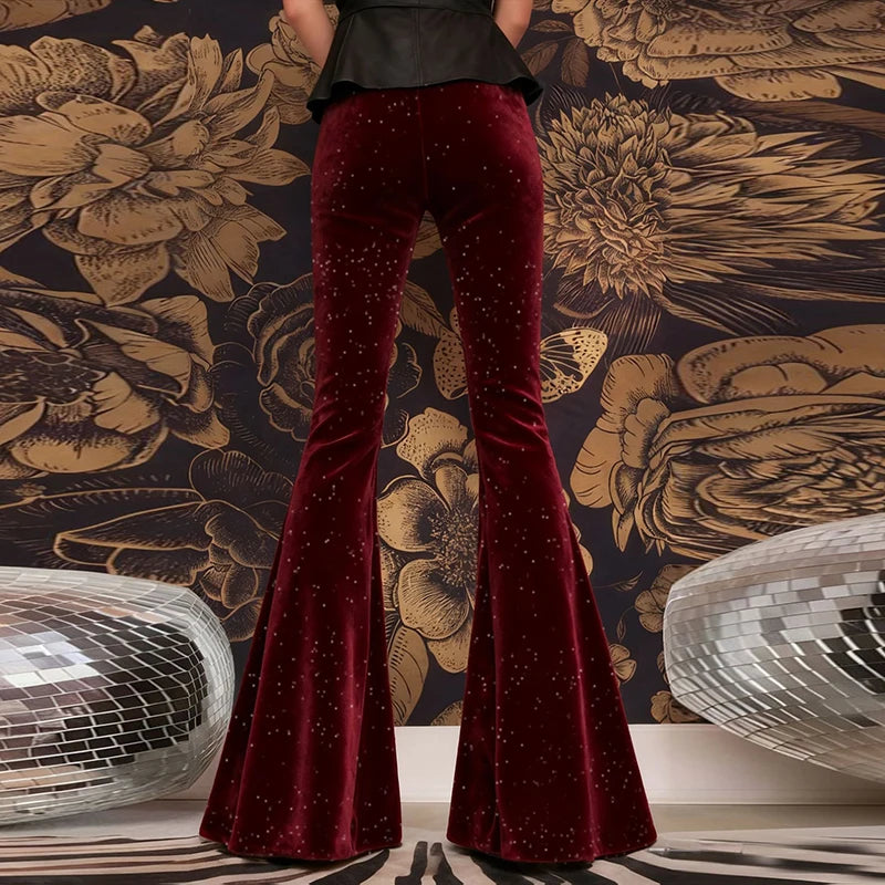 Mode velours pantalon femmes taille haute pantalon évasé pour les femmes automne hiver Stretch pantalon de fête rouge