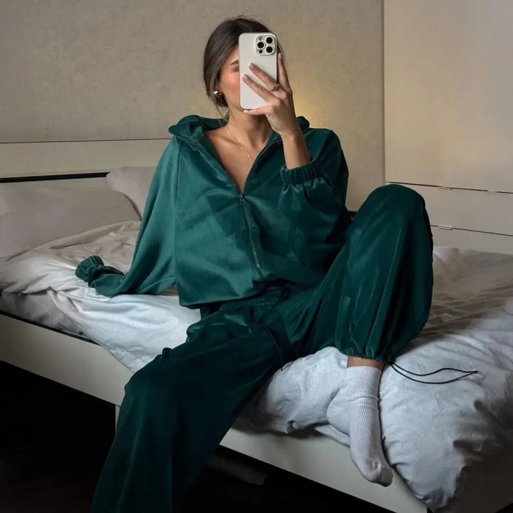 Ensemble de survêtement en velours pour femme, deux pièces, veste courte zippée et pantalon long, tenue décontractée pour femme ﻿