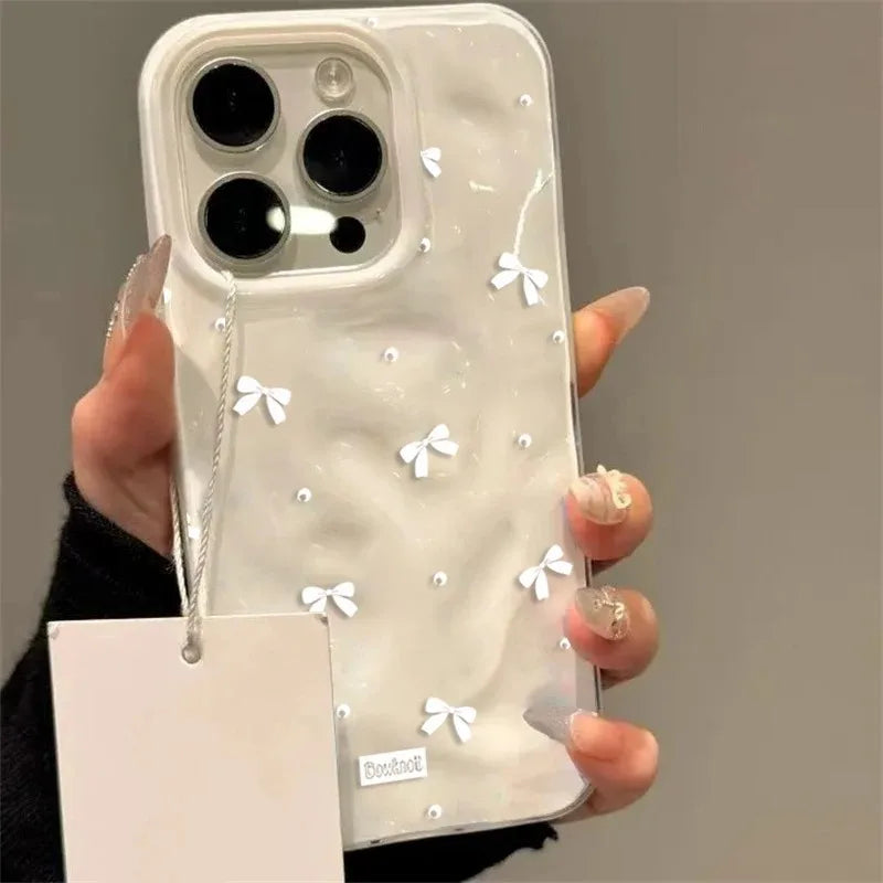 Coque de téléphone Coquette avec nœuds blancs pour iPhone 15 11 12 13 Plus 14 16 17 Pro Max 17 Air, motif perles mignonnes, ondulée, souple et antichoc