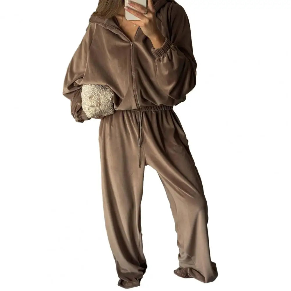 Ensemble de survêtement en velours pour femme, deux pièces, veste courte zippée et pantalon long, tenue décontractée pour femme ﻿