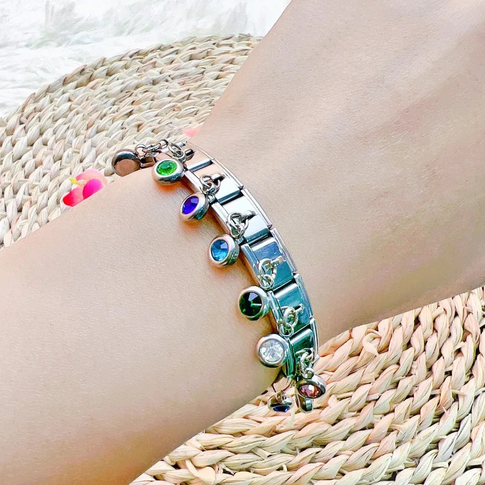 2025 femmes mode douze mois Zircon italien breloques liens modulaire ajustement 9mm en acier inoxydable élastique Bracelet bricolage fabrication de bijoux