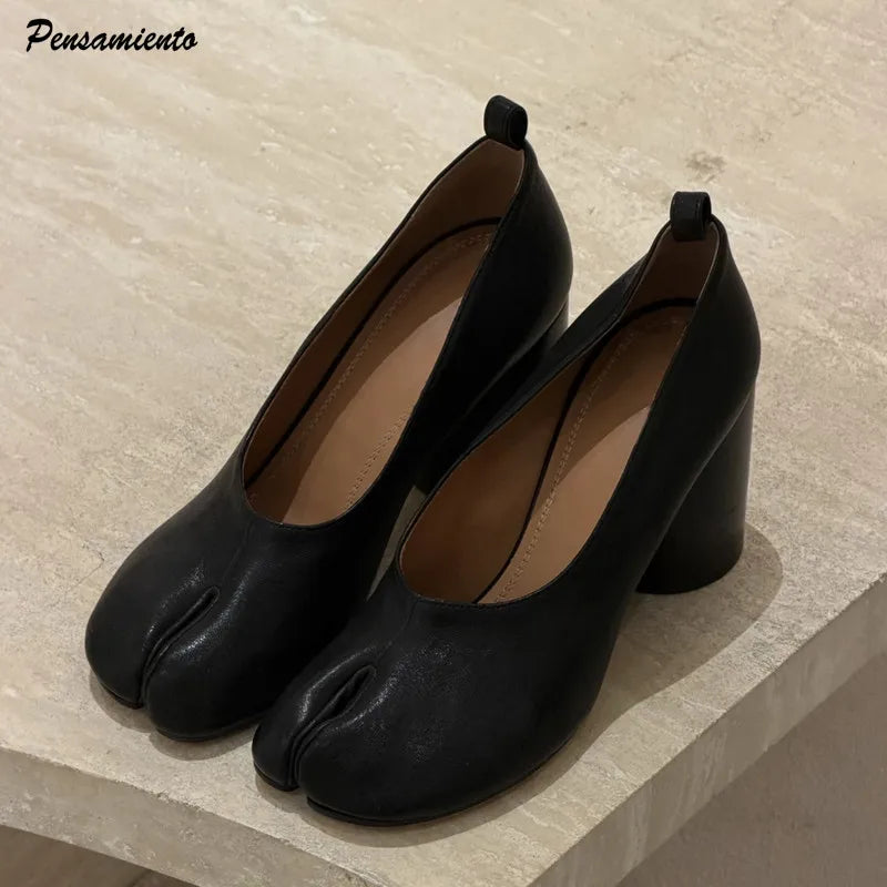 Mules à talons hauts Tabi noires vintage en cuir souple à bout fendu pour femme, style décontracté, à enfiler, collection printemps-été