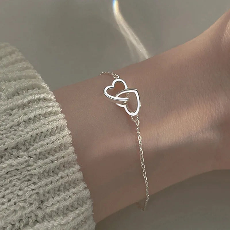 Bracelets minimalistes Double cœur pour femmes, Vintage, couleur argent, chaîne fine, réglables, bijoux d'amitié, cadeaux, 2025