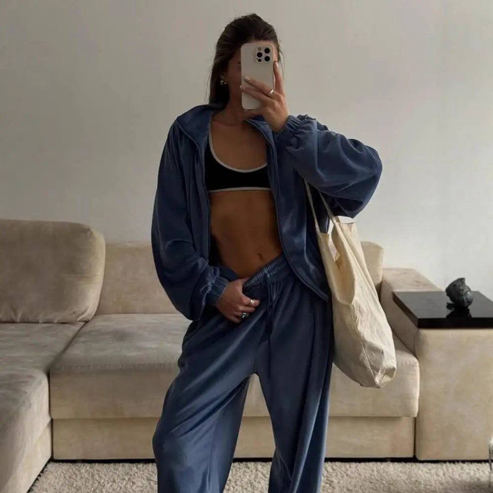 Ensemble de survêtement en velours pour femme, deux pièces, veste courte zippée et pantalon long, tenue décontractée pour femme ﻿
