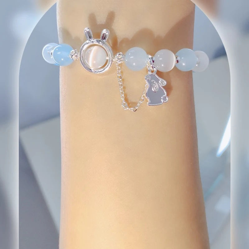 Bracelet pendentif lapin en pierre de lune pour femme, cristal, opale blanche, pierre naturelle, brin perlé, bijoux faits à la main, mode