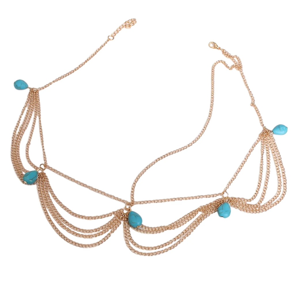 Accessoires de cheveux bohème pour femmes, élégant, Vintage, Turquoise, chaîne frontale, pompon exquis, pierres précieuses, cerceau pour cheveux