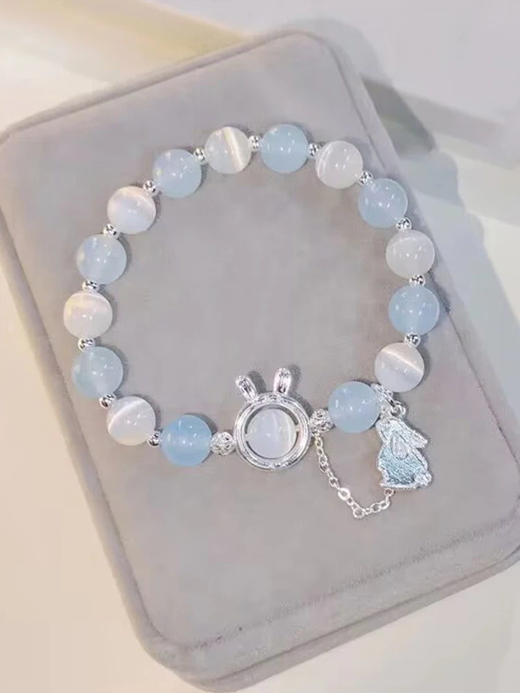 Bracelet pendentif lapin en pierre de lune pour femme, cristal, opale blanche, pierre naturelle, brin perlé, bijoux faits à la main, mode