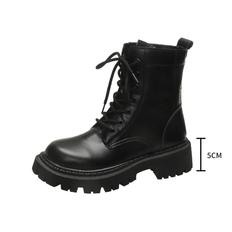 Bottes de combat à lacets pour femmes en cuir PU, semelle épaisse, bout rond, chaussures décontractées pour l'hiver et le quotidien
