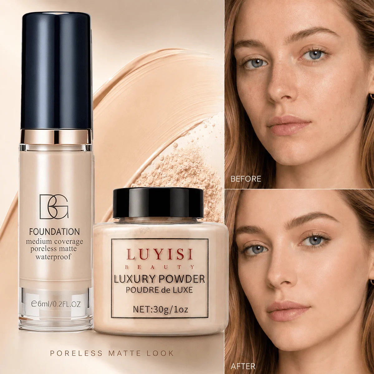 Ensemble de maquillage pour le visage : 1 poudre libre mate + 1 fond de teint waterproof, haute couvrance, longue tenue, contrôle du sébum, pour un look naturel.