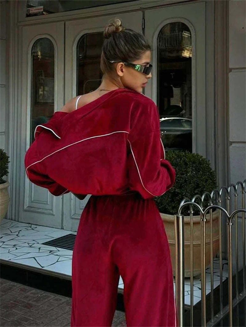 Ensemble 2 pièces en velours pour femme, vêtements d'automne 2026, sweat-shirt zippé et pantalon long, ensemble décontracté, survêtement en velours pour femme.