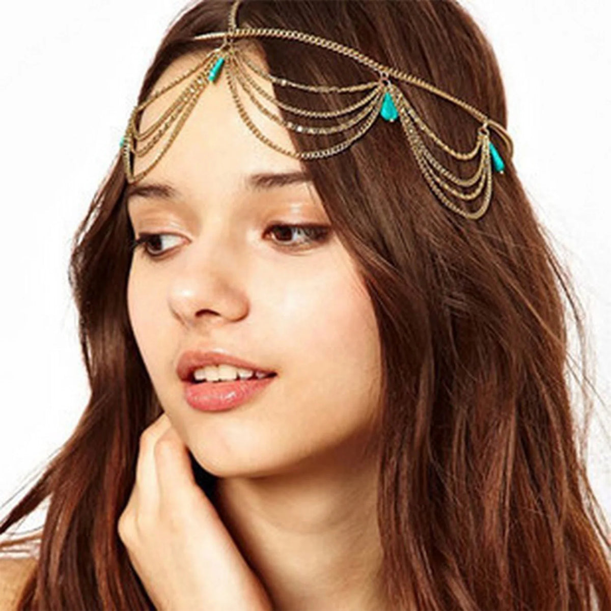 Accessoires de cheveux bohème pour femmes, élégant, Vintage, Turquoise, chaîne frontale, pompon exquis, pierres précieuses, cerceau pour cheveux