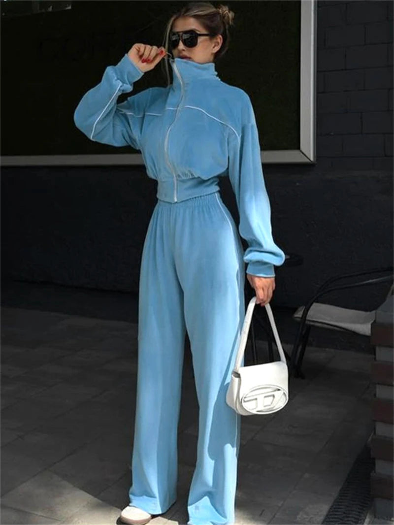 Ensemble 2 pièces en velours pour femme, vêtements d'automne 2026, sweat-shirt zippé et pantalon long, ensemble décontracté, survêtement en velours pour femme.