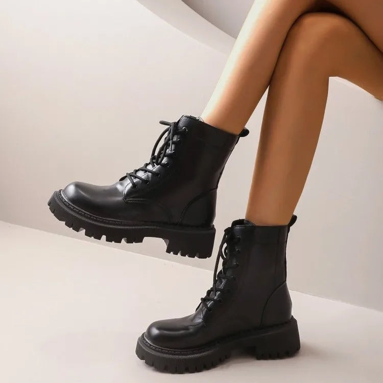 Bottes de combat à lacets pour femmes en cuir PU, semelle épaisse, bout rond, chaussures décontractées pour l'hiver et le quotidien
