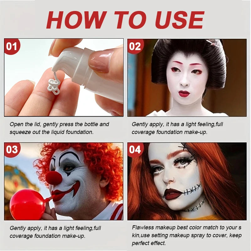 Fond de teint professionnel blanc pour le visage, mélange de blanc clair mat, maquillage éclaircissant blanc pur pour Cosplay, fond de maquillage gothique