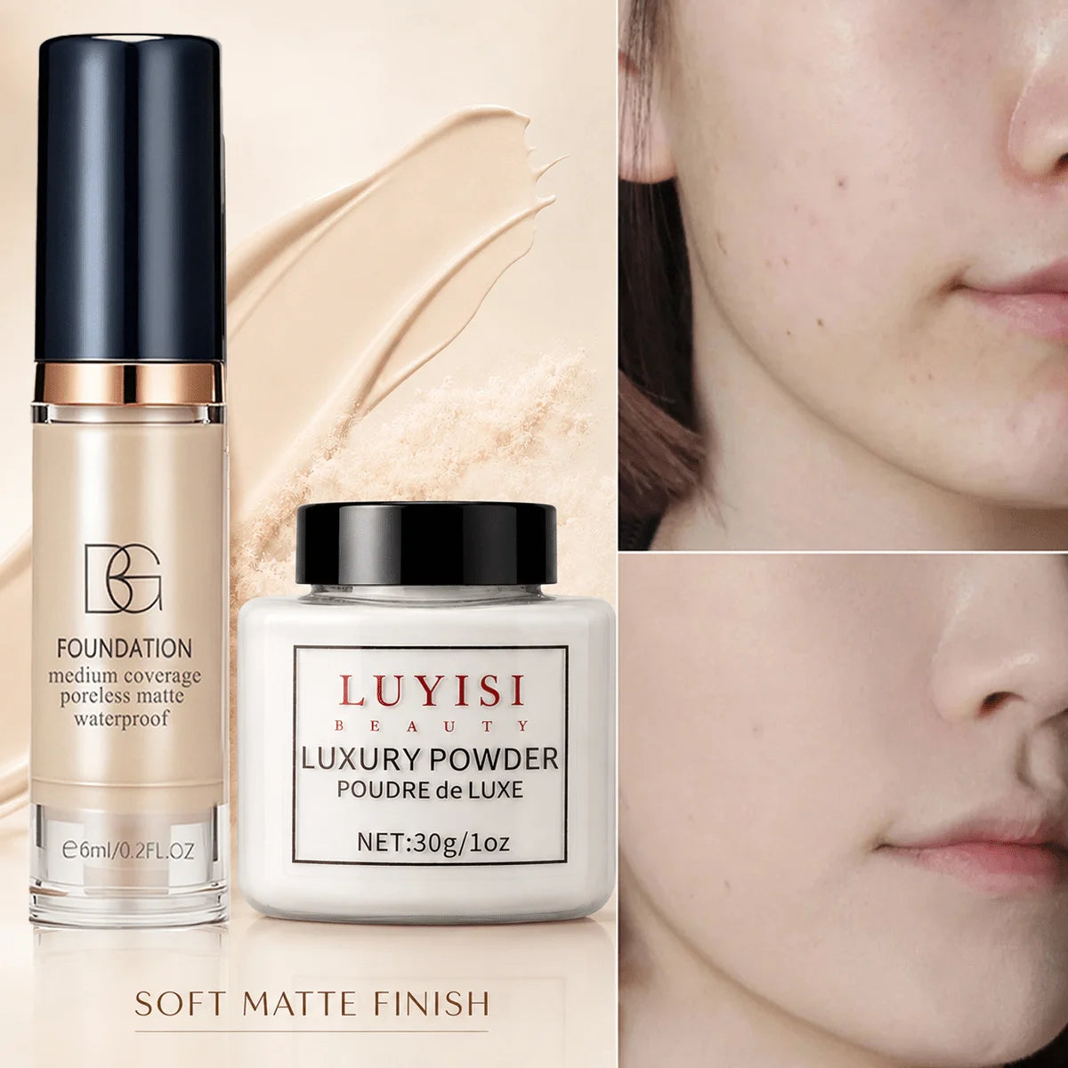 Ensemble de maquillage pour le visage : 1 poudre libre mate + 1 fond de teint waterproof, haute couvrance, longue tenue, contrôle du sébum, pour un look naturel.