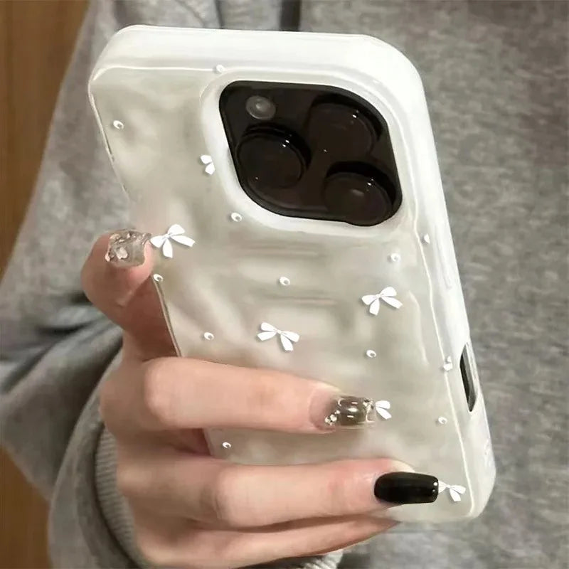 Coque de téléphone Coquette avec nœuds blancs pour iPhone 15 11 12 13 Plus 14 16 17 Pro Max 17 Air, motif perles mignonnes, ondulée, souple et antichoc
