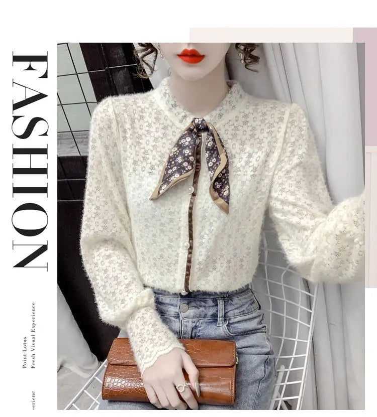 Chemise en velours pour femmes, automne hiver, écharpe à manches longues, collier, chemise en dentelle imprimée, haut à manches bouffantes intérieures en maille à la mode