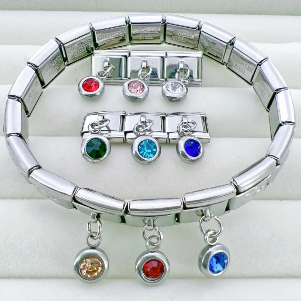 2025 femmes mode douze mois Zircon italien breloques liens modulaire ajustement 9mm en acier inoxydable élastique Bracelet bricolage fabrication de bijoux
