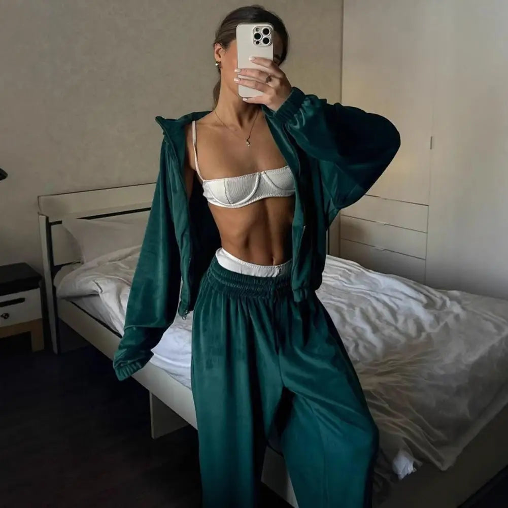 Ensemble de survêtement en velours pour femme, deux pièces, veste courte zippée et pantalon long, tenue décontractée pour femme ﻿