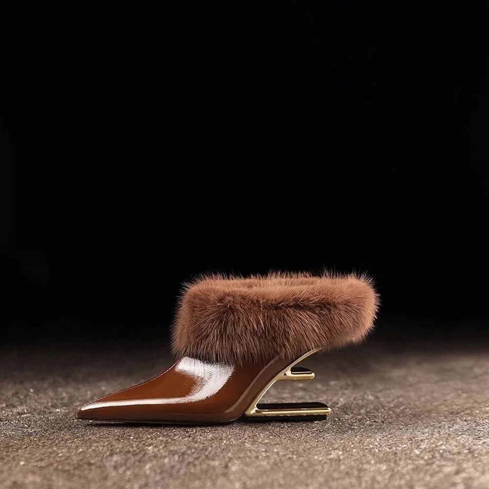 Nouvelles mules pour femmes, bottines à talon haut, chaussures d'hiver fourrées, pantoufles à bout pointu, chaussures compensées à enfiler