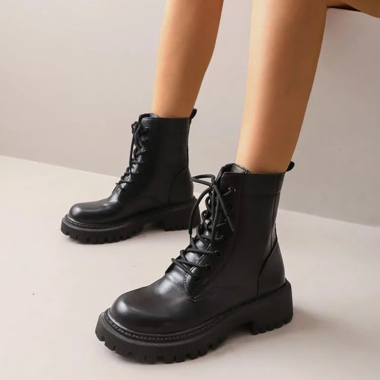 Bottes de combat à lacets pour femmes en cuir PU, semelle épaisse, bout rond, chaussures décontractées pour l'hiver et le quotidien