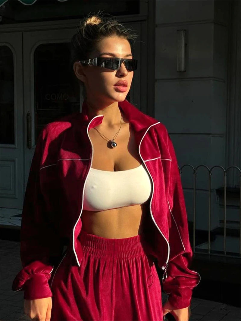 Ensemble 2 pièces en velours pour femme, vêtements d'automne 2026, sweat-shirt zippé et pantalon long, ensemble décontracté, survêtement en velours pour femme.