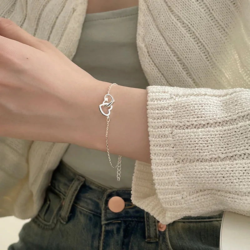 Bracelets minimalistes Double cœur pour femmes, Vintage, couleur argent, chaîne fine, réglables, bijoux d'amitié, cadeaux, 2025