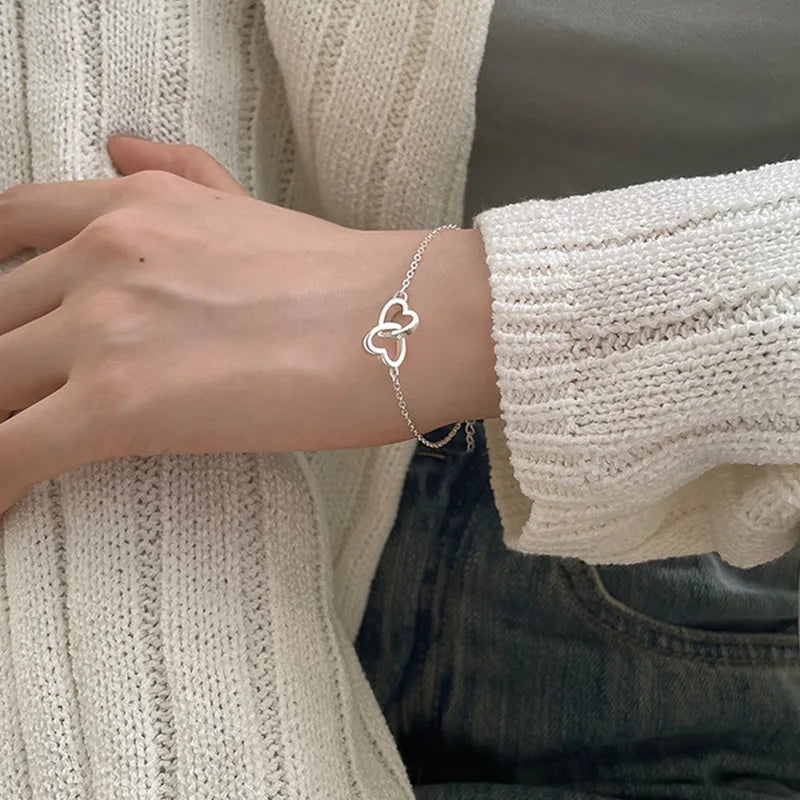 Bracelets minimalistes Double cœur pour femmes, Vintage, couleur argent, chaîne fine, réglables, bijoux d'amitié, cadeaux, 2025