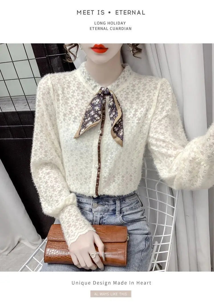 Chemise en velours pour femmes, automne hiver, écharpe à manches longues, collier, chemise en dentelle imprimée, haut à manches bouffantes intérieures en maille à la mode