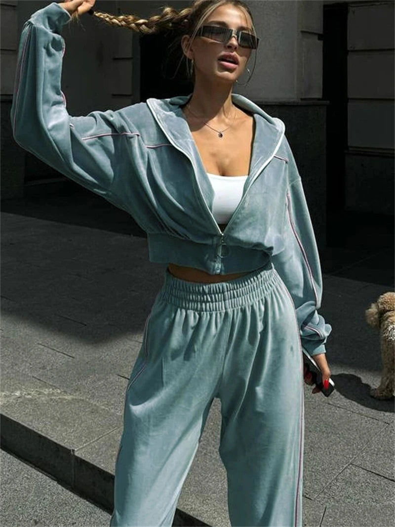 Ensemble 2 pièces en velours pour femme, vêtements d'automne 2026, sweat-shirt zippé et pantalon long, ensemble décontracté, survêtement en velours pour femme.