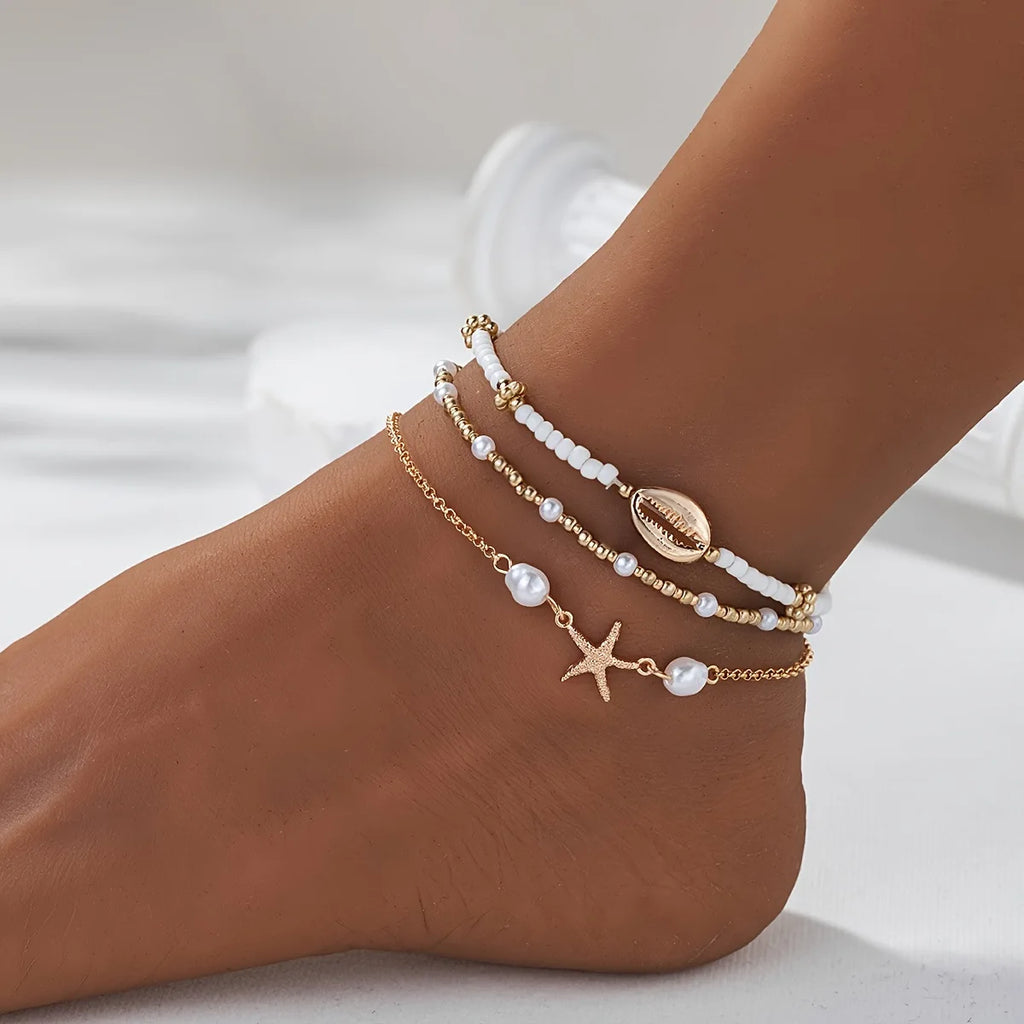 Chaînes de cheville de Style bohème pour femmes, accessoires de pied à trois couches avec perles de riz, coquillages et étoile de mer