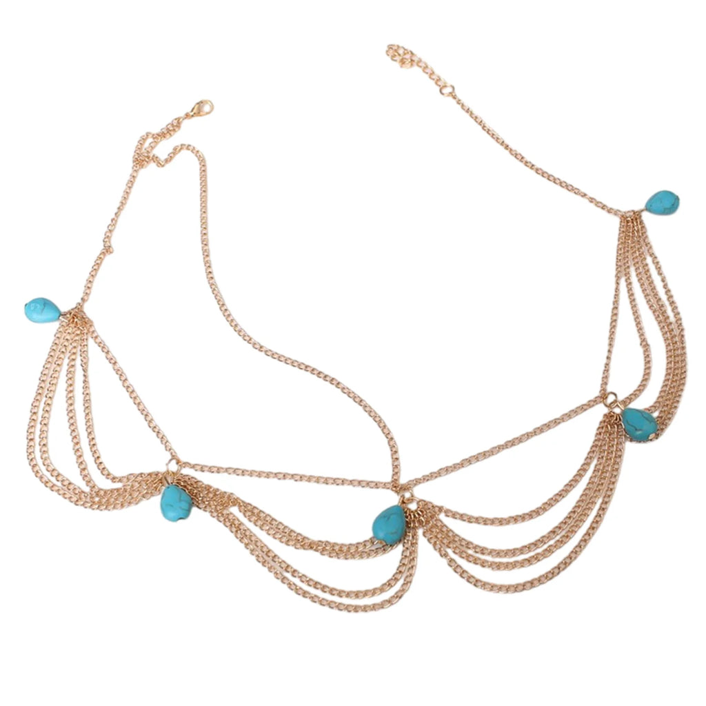 Accessoires de cheveux bohème pour femmes, élégant, Vintage, Turquoise, chaîne frontale, pompon exquis, pierres précieuses, cerceau pour cheveux