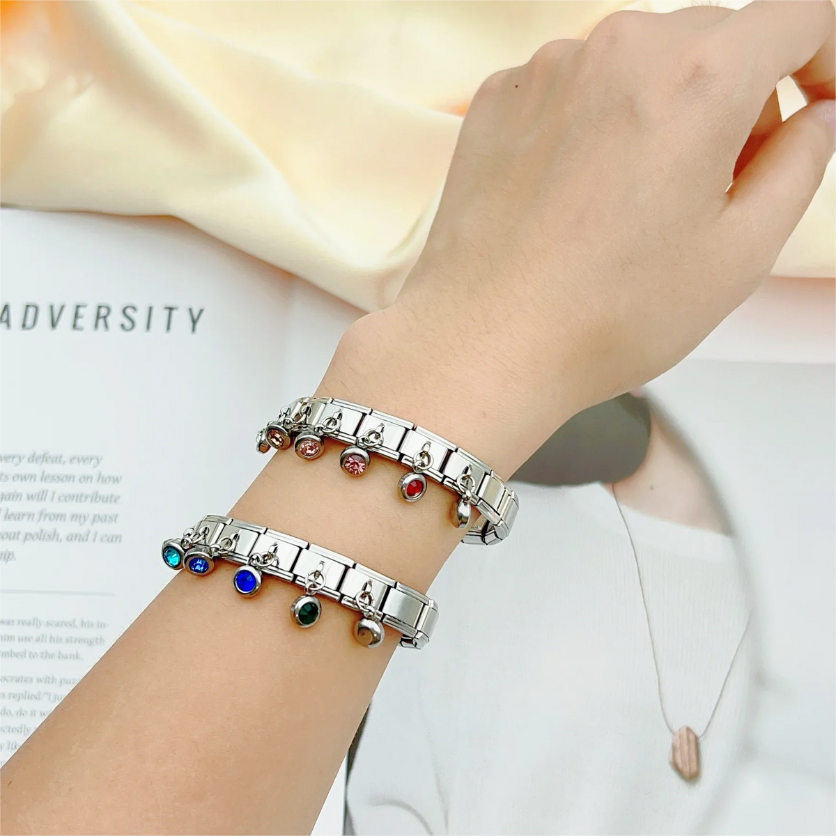 2025 femmes mode douze mois Zircon italien breloques liens modulaire ajustement 9mm en acier inoxydable élastique Bracelet bricolage fabrication de bijoux
