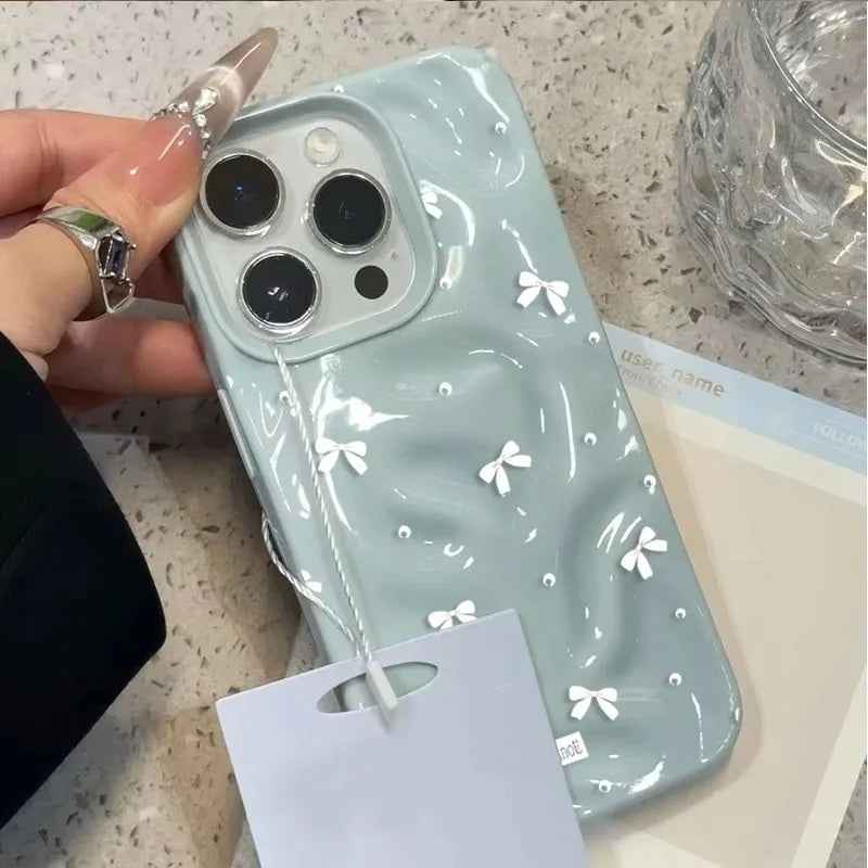 Coque de téléphone Coquette avec nœuds blancs pour iPhone 15 11 12 13 Plus 14 16 17 Pro Max 17 Air, motif perles mignonnes, ondulée, souple et antichoc