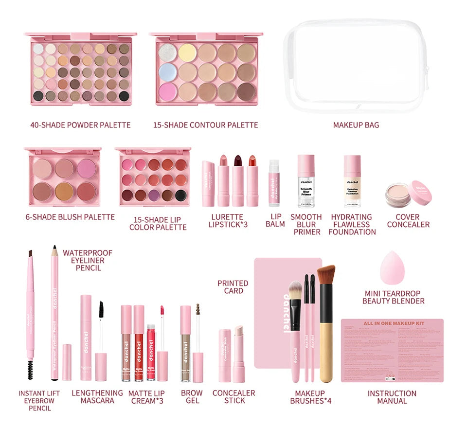 Ensemble de maquillage tout-en-un comprenant tous les cosmétiques, y compris le maquillage de base, le correcteur, le contour, le blush en poudre, le maquillage des sourcils, des yeux et des lèvres