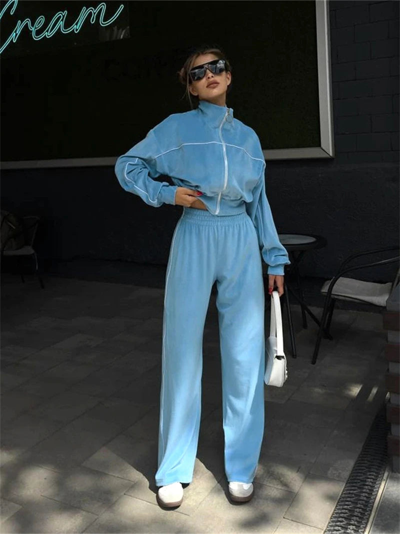 Ensemble 2 pièces en velours pour femme, vêtements d'automne 2026, sweat-shirt zippé et pantalon long, ensemble décontracté, survêtement en velours pour femme.