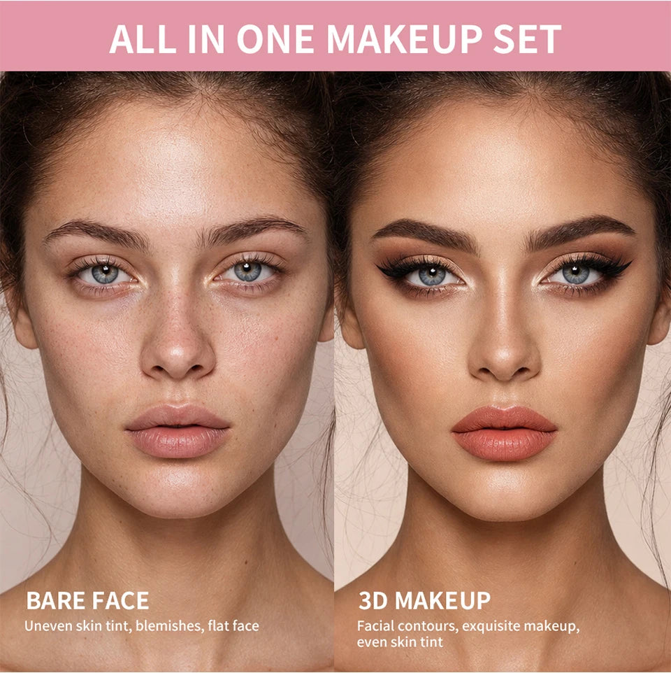 Ensemble de maquillage tout-en-un comprenant tous les cosmétiques, y compris le maquillage de base, le correcteur, le contour, le blush en poudre, le maquillage des sourcils, des yeux et des lèvres