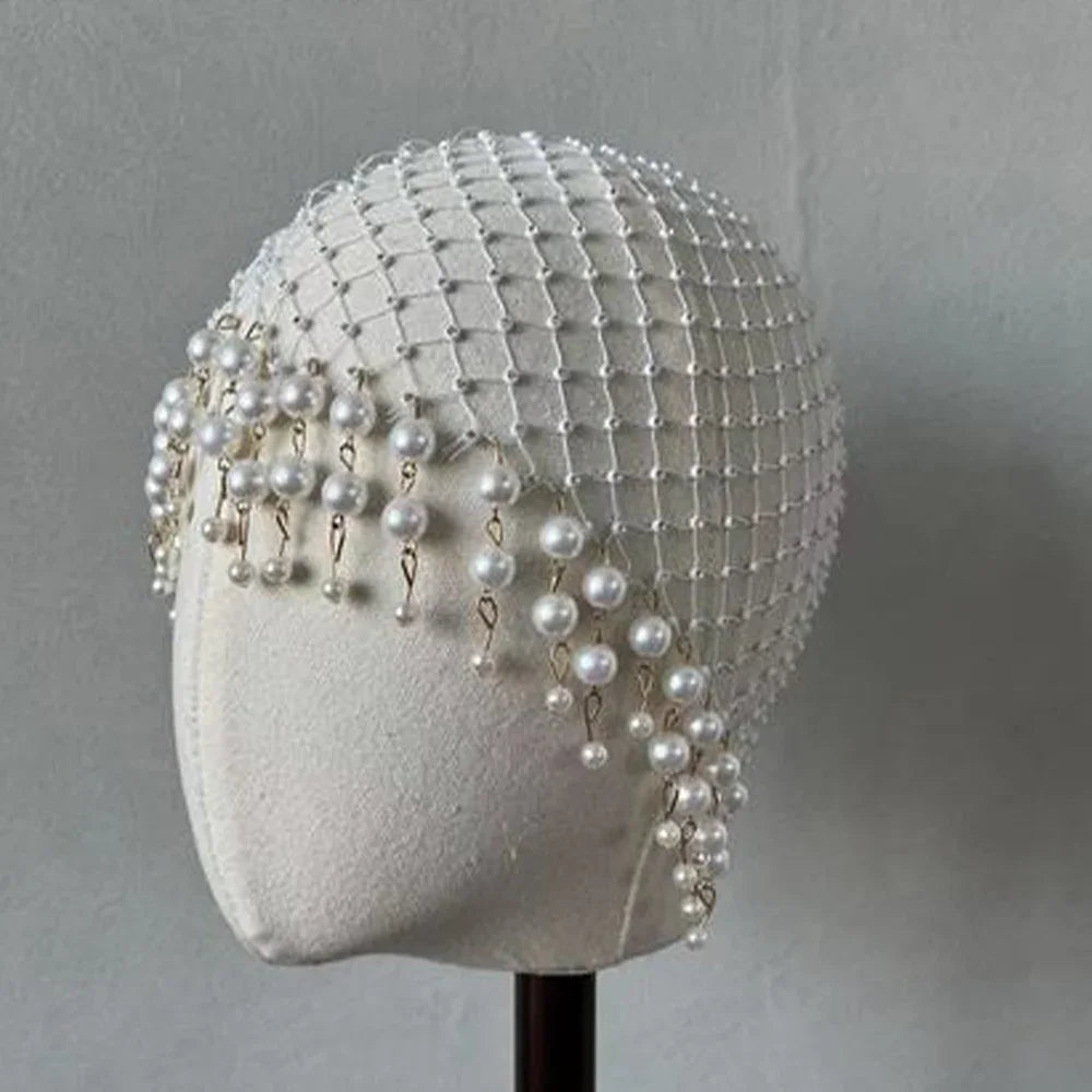 Accessoires pour cheveux en perles de mariage, bandeaux de cheveux faits à la main avec pompon, couvre-chef de luxe pour femmes