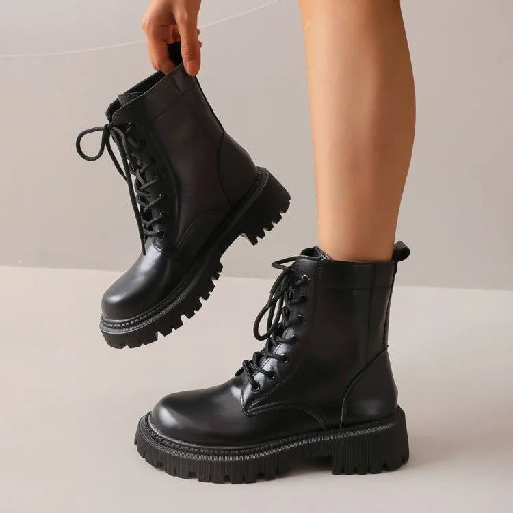 Bottes de combat à lacets pour femmes en cuir PU, semelle épaisse, bout rond, chaussures décontractées pour l'hiver et le quotidien