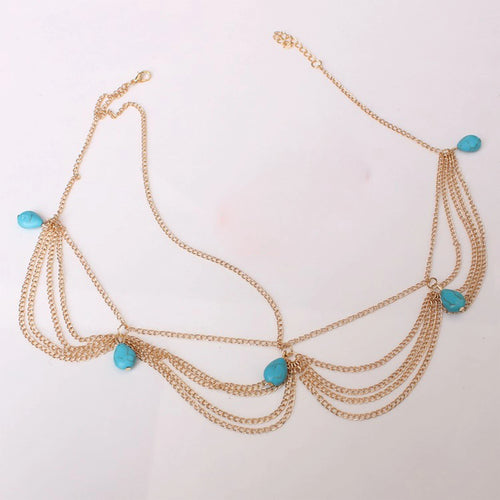 Accessoires de cheveux bohème pour femmes, élégant, Vintage, Turquoise, chaîne frontale, pompon exquis, pierres précieuses, cerceau pour cheveux