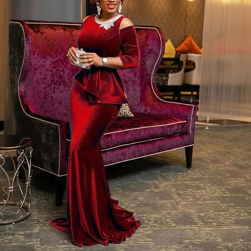 Robe d'été personnalisée en velours pour femmes, style sirène, mode Ankara, rouge, Vetement Femme, noire, Sexy, longueur au sol, 2023