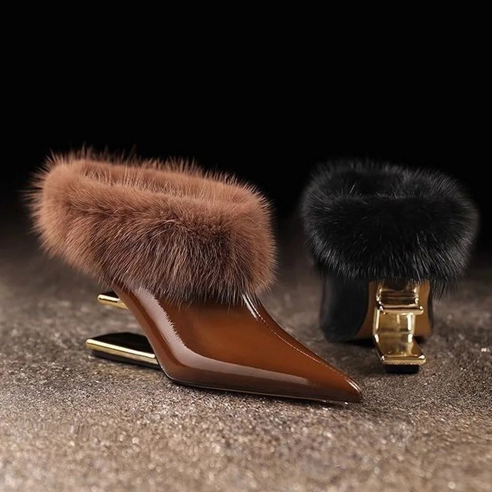 Nouvelles mules pour femmes, bottines à talon haut, chaussures d'hiver fourrées, pantoufles à bout pointu, chaussures compensées à enfiler