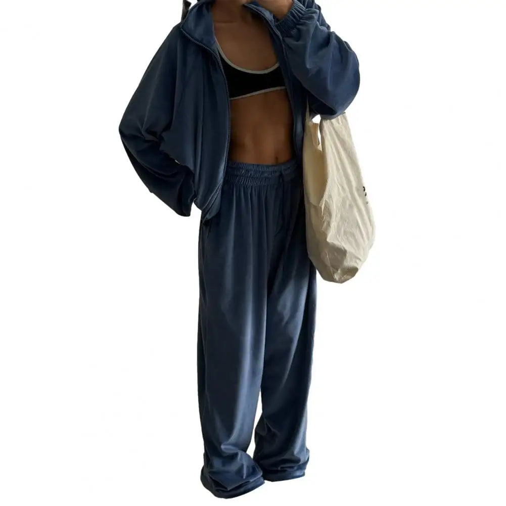 Ensemble de survêtement en velours pour femme, deux pièces, veste courte zippée et pantalon long, tenue décontractée pour femme ﻿