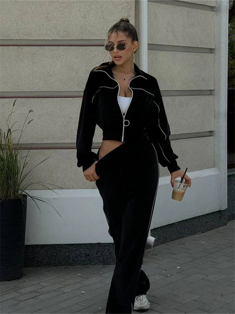 Ensemble 2 pièces en velours pour femme, vêtements d'automne 2026, sweat-shirt zippé et pantalon long, ensemble décontracté, survêtement en velours pour femme.