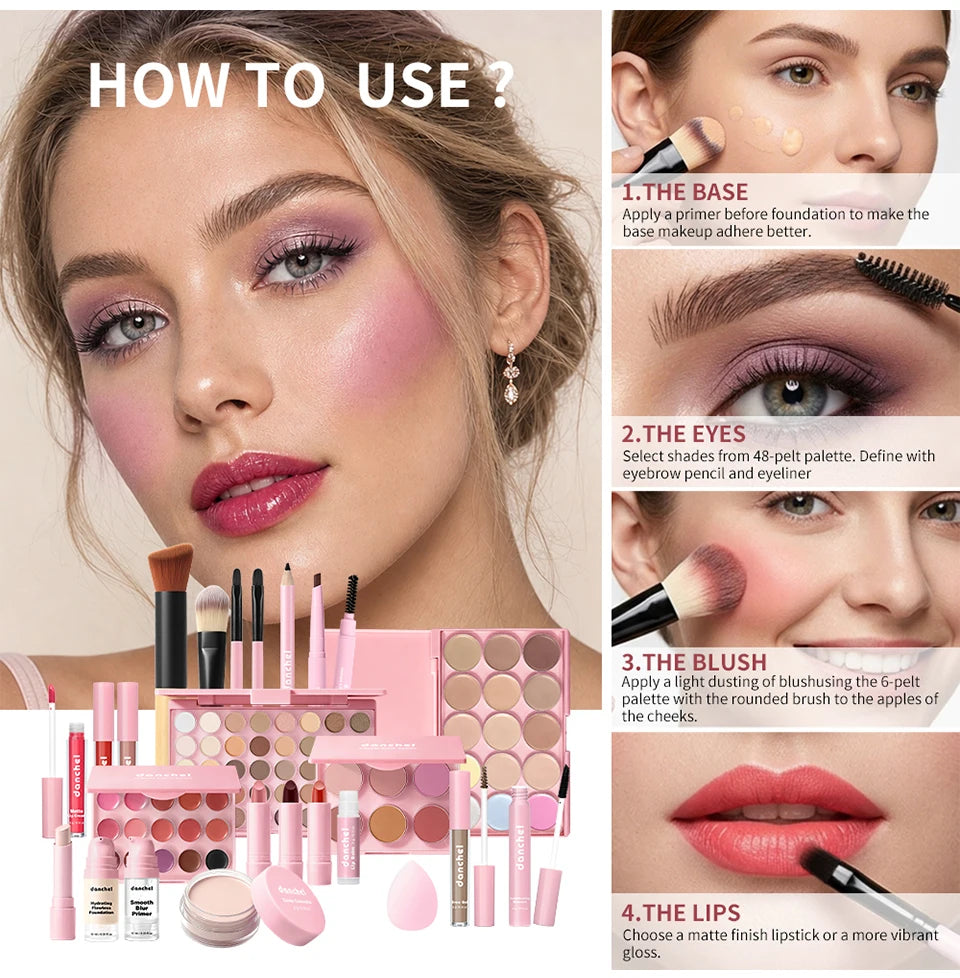 Ensemble de maquillage tout-en-un comprenant tous les cosmétiques, y compris le maquillage de base, le correcteur, le contour, le blush en poudre, le maquillage des sourcils, des yeux et des lèvres