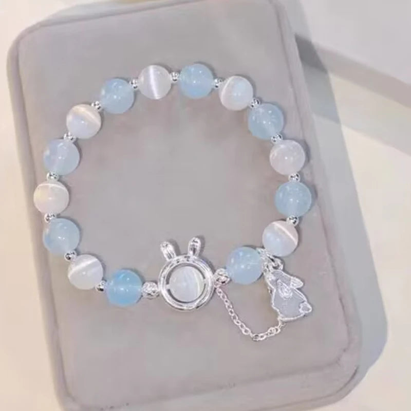 Bracelet pendentif lapin en pierre de lune pour femme, cristal, opale blanche, pierre naturelle, brin perlé, bijoux faits à la main, mode
