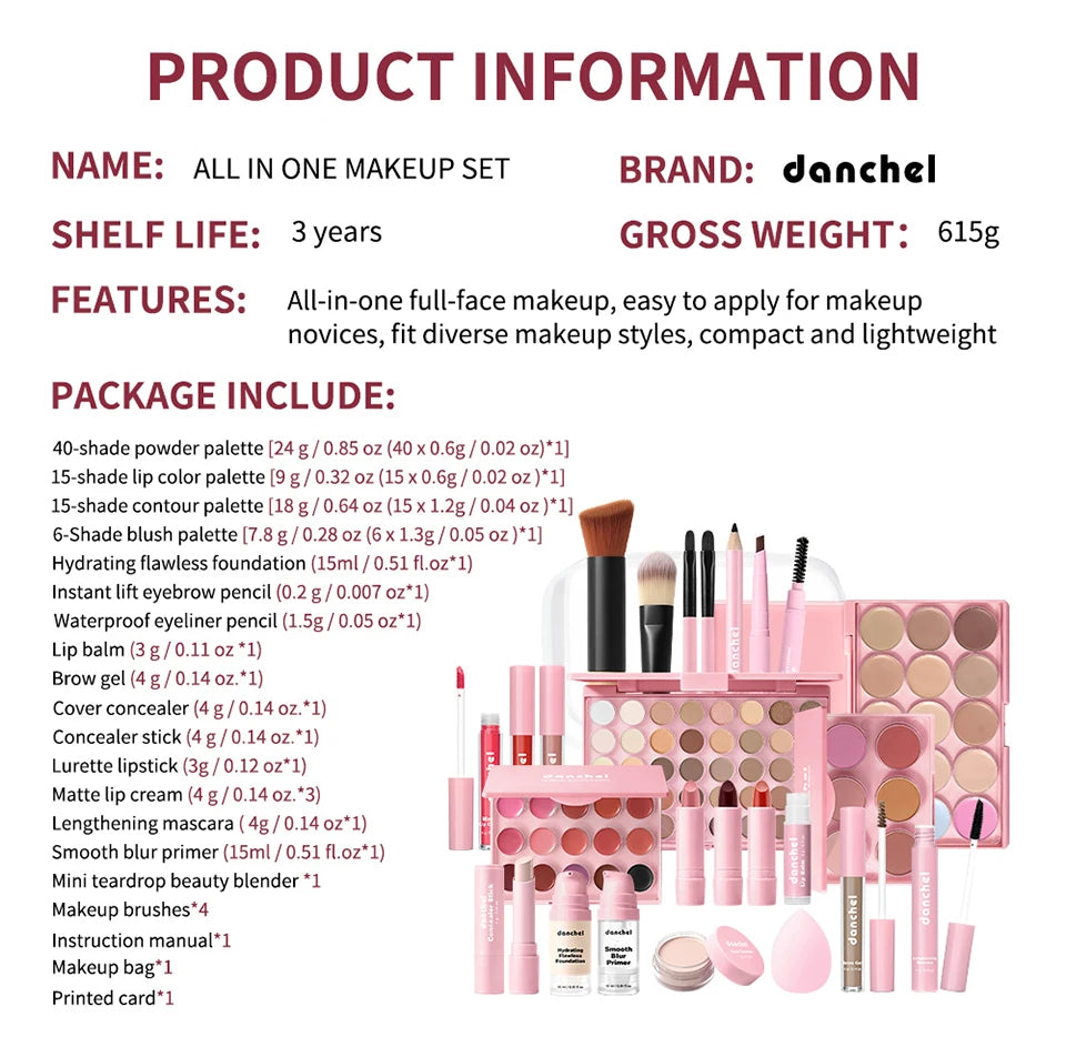 Ensemble de maquillage tout-en-un comprenant tous les cosmétiques, y compris le maquillage de base, le correcteur, le contour, le blush en poudre, le maquillage des sourcils, des yeux et des lèvres