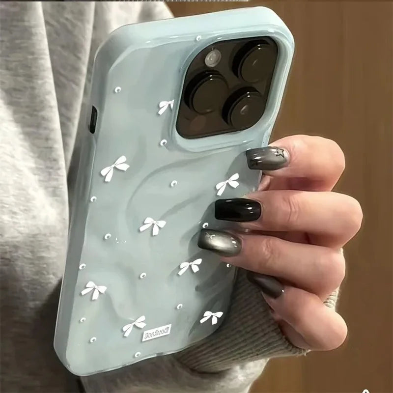 Coque de téléphone Coquette avec nœuds blancs pour iPhone 15 11 12 13 Plus 14 16 17 Pro Max 17 Air, motif perles mignonnes, ondulée, souple et antichoc
